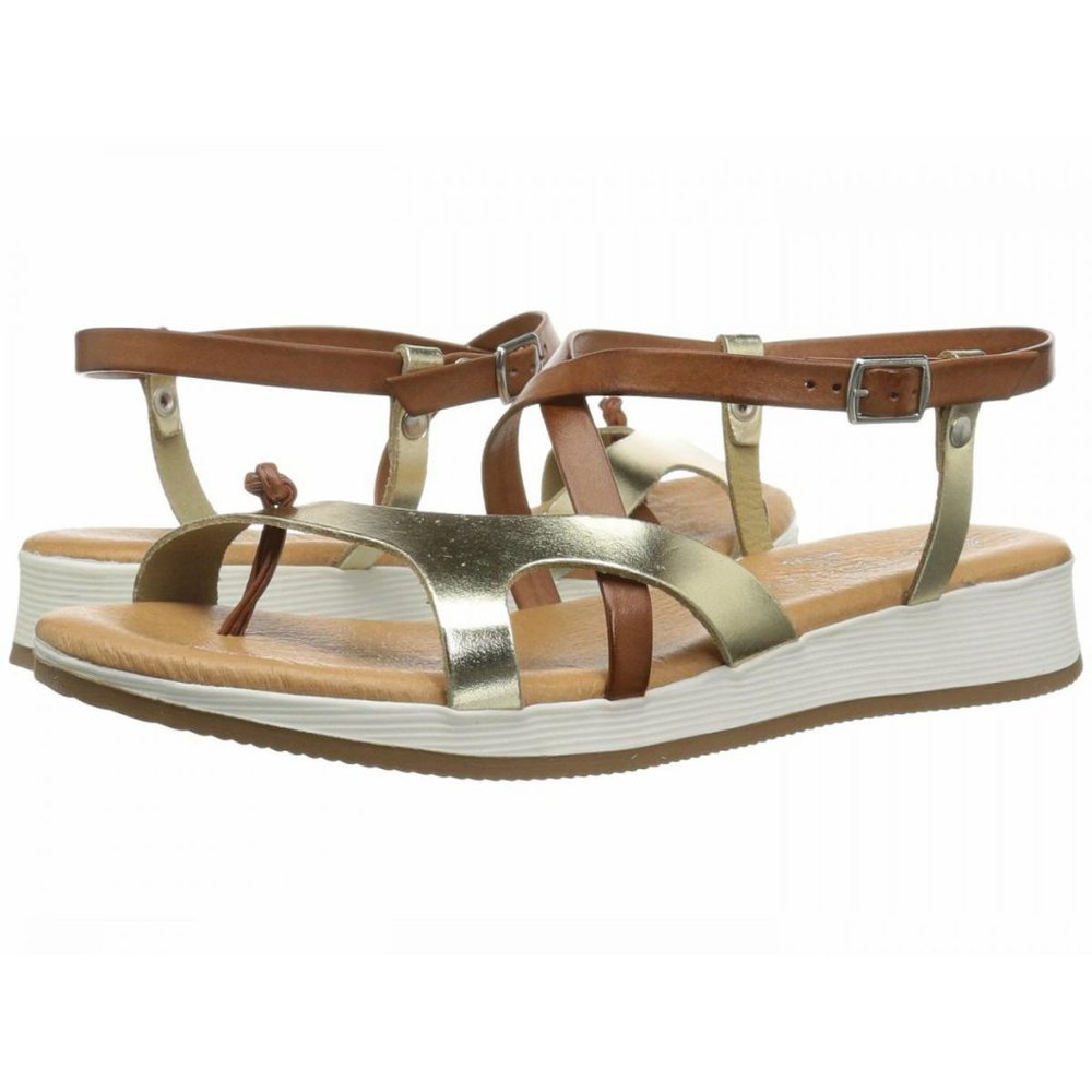 NEW Eric Michael Women Tan Gold Leather Platform Strap Buckle Thong Comfort - Picture 1 of 7